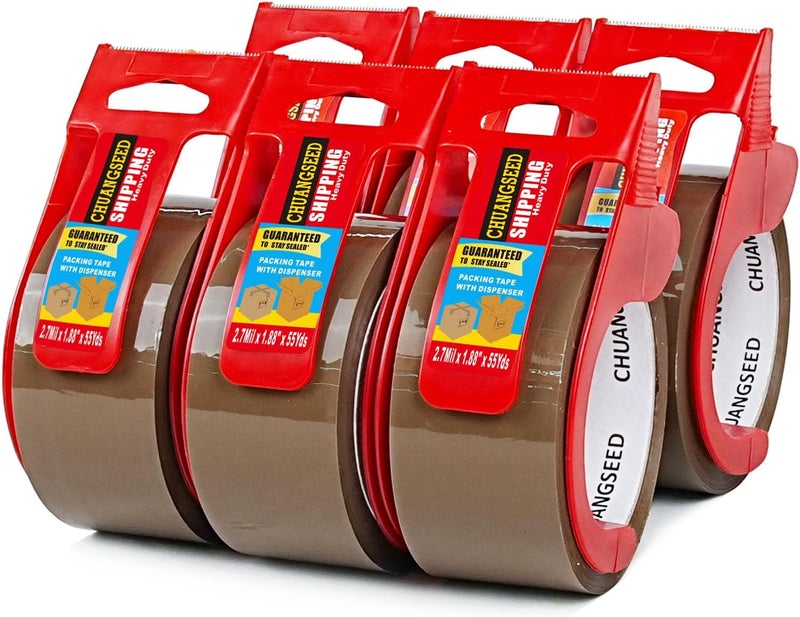 CHUANGSEED 6-Pack Brown Packing Tape with Dispenser-2.7mil x 1.88" x 55Y Heavy Duty Packing Tape for Moving Boxes-Moving Tape Strong Adhesive Packaging Tape - Image 1